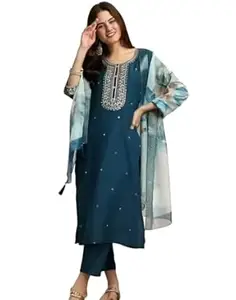 Bovkari Women's Slub Rayon Embroidery Kurta Pant with Floral Print Dupatta Kurta Set For Women