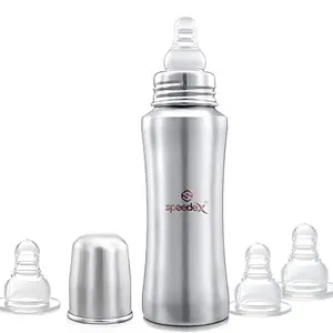 SPEEDEX Stainless Steel Infant Baby Feeding Bottle, BPA Free, Anti-Colic, Plastic-Free, Medium-Flow Nipple (Up to Brim 240 ML, 3 Nipple Extra)