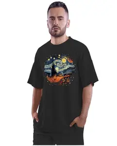 ALLEN BLACK Oversized T-Shirt Starry Night Painting Van Gogh Men's Women's Unise 100% Cotton Black_STARNI9OSX-Black 2XL Oversized_