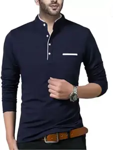 Attitude Start Of Fashion Solid Men Mandarin Collar Maroon Regular Fit T-Shirt (L) (Blue Full Sleeves T-Shirt (L))