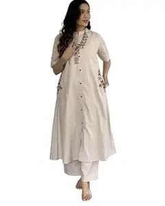 ARTFULALLEY RAJ SWITCHGEAR Women's Cotton Embroiderd Long A-Line Kurti with Palazzo