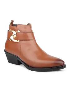 Inc.5 Women Tan Mid Top Block Heel Chunky Boots with Buckle Detail