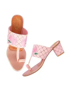 Shoetopia Thread Floral Embroidery Detailed Pink Block Heels For Women & Girls