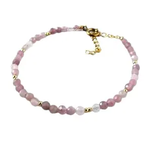 Lady Works Rose Quartz 3mm Round Shape Faceted Cut Beads 7 inch Adjustable Gold Plated Clasp Bracelet for men, women, unisex. Link Chain Stacking Bracelet.|LBRAC_LW_05878