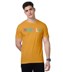 Print My Fashion Men's T-Shirt Regular Fit Round Neck Half Sleeve Combed Bio-Washed Cotton Hustle Stripe Motivational Graphic Printed T Shirt for Men (Yellow, L)