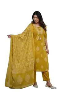 V.K.CRAFT Women's Cotton Printed Straight Kurti with pant and Dupatta Set