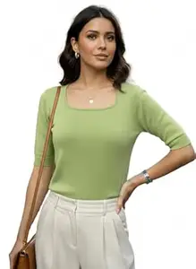 LASOON Women Solid Viscose Stretchable Knitted Top | Breathable Soft Fabric | Slim Fit Casual & Office Wear Top