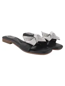 Shoetopia Elegant Rhinstones Bow Black Flats For Women & Girls