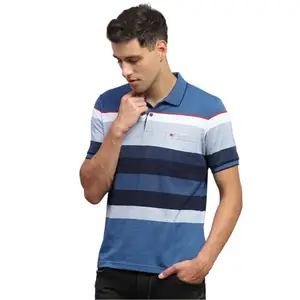 Monte Carlo Mens Striped Blue Collar Neck Half Sleeves T-Shirt (224067028-1-40)