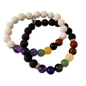 RRJEWELZ 7 Chakra Stone & Black-White Lava 8mm Round Smooth beads Long Distance Couples Love Friendship Combo Bracelet Set - Couples Relationship 6 inch Stretchable Bracelets set|RR_CPBR_001_6
