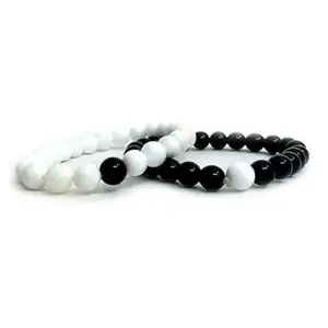 Valentine's Day Special Mutual Forever Matching Distance Love Couples Friendship Promise 2 in 1 Duo Wrist Band Cuff Elastic Field Black & White 8mm Beads Stone Moti Bracelets For Unisex Adult