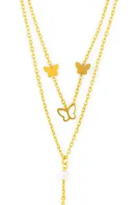 Korean Anti-Tarnish Butterfly Layered Necklace with Pearl Pendant