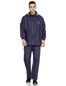 Amazon Brand - Symactive Polyester Men's Casual Style Waterproof Taping Raincoat Jacket with Hood, Pant and Carry Pouch (Unisex, Blue, Large)