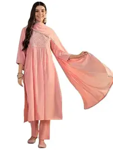 Kaari Women's Embroidered Kurti Set with Dupatta - Straight Fit | Silk Blend with Embroidery | Round Neck with 3/4th Sleeves | Everyday and Festive Kurti Set for Women