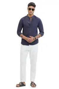 SNITCH Men's Slim Fit Shirt | Mandarin Collar & Full Sleeves | 100% Polyester, Buttoned Closure, Versatile Design, Casual & Formal Wear |Blue, M