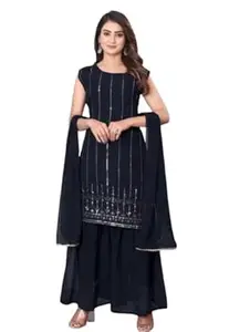 KAVATHIYA Women's Georgette Sharara Suit Set | Sleeveless Kurti with Silver Work & Dupatta