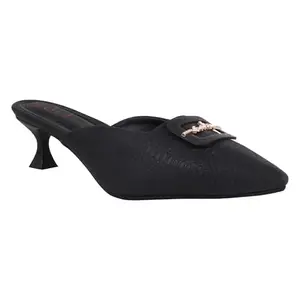 Women's Pointed Toe Mule, Textured, Kitten Heel with Crystal Buckle (Black, UK Footwear Size System, Adult, Women, Numeric, Medium, 10)