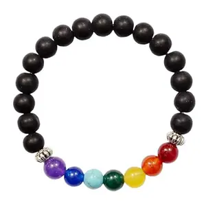 RRJEWELZ Natural 7 Chakra Stone & Black Agate 8mm Round Shape Smooth Cut Beads 7 Inch Stretchable Bracelet For Men & Women. Unisex Bracelet For Healing, Meditation, Prosperity & Luck|STBR_RR_09538_7.0