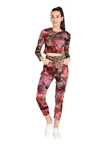 Chkokko Women Printed Track Suit Crop Top Trackpant Co-Ord Set - Red, M