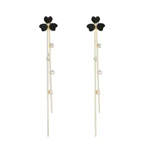 Yu Fashions Black Flower Clover Enamel Painted Tassel Stone High Fashion Korean Earrings Pair