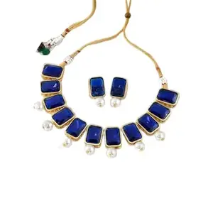 Fashion Jewellers Traditional Jewellery Crystal Pearl Necklace Earring Jewellery Set for Women And Girl For Mehndi, Haldi, Wedding, Godbharai, Bridal Set (Blue)