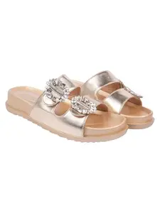 Shoetopia Women’s Embellished Golden Slide Sandals – Glam Slip-On Flats with Crystal Buckle Detail | Stylish & Comfortable Footwear for Party or Daily EU38