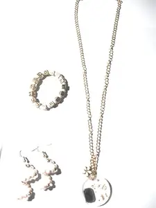 Handmade Resin Pendant Necklace Set with Gold Flakes, Alphabet Bracelet and Spiral Pearl Earrings, Gold-Tone