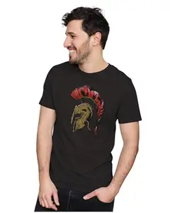 Men's & Women's Regular Fit T-Shirt Spartan Helmet 100% Cotton Unise T-Shirt Black; _SPAHEL27-Black L Men Round_bz