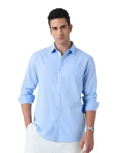 The Souled Store Cotton Linen: Cerulean Sky Men and Boys Long Sleeves Collared Neck Button Front Solid Regular Fit Cotton Linen Shirts