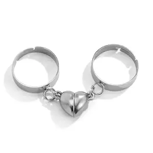 Airtick (Silver Color) Valentines Day Adjustable Size 2 Pcs Magnetic Distance Broken Heart Shape Matching Romantic Forever Love Couples Promise Open-Cuff Finger Rings Set