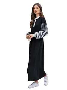 BHAVYATA Dress Full Stitched Long Black and White Dress Gown One Piece for Women (L, Black)
