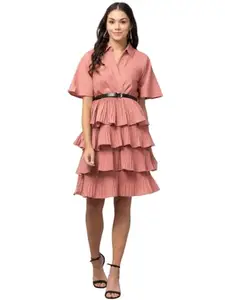 BS Fashion Women Adorable Multi Layered Crepe Knee Length Short Dress Comfortable Half Sleeves Peach (Pack of 1)