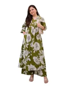 AINESH CRAFTS Women's Cotton Floral Printed Straight Kurti With Pant Set