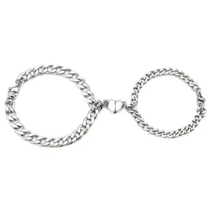 Bling Queen Unisex Silver Plated Magnetic Heart Bracelets with Charm for Couples