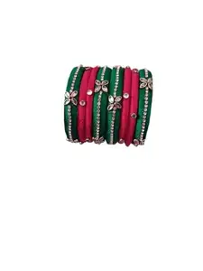 Rajshyama Handicrafts Silk Thread Bangle Kada For Women Girls 8 PC Set Wedding & Festive Occasion Handmade Multicolored Chura Chuda Chudi Stone Studded (RED - DARK GREEN, 2.8)