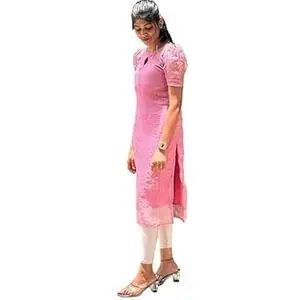 NEW FUSION FABRIC Women Organza Fabric Digital Printed Short Sleeves Pattern Kurti for Women, Long Kurti