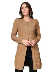 Mafadeny Women's Self Design Longline Shrug with Front Button Camel