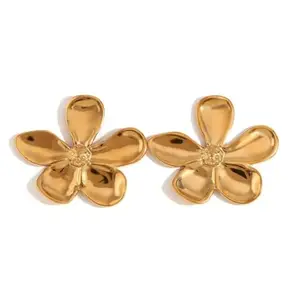 Gold Flower Earrings for Women Large Stud Statement Chunky Floral Boho Jewelry Gift WE-026