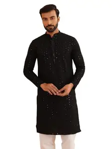 SOJANYA (Since 1958 Men's Pure Cotton Black Embroidered Sequence Kurta