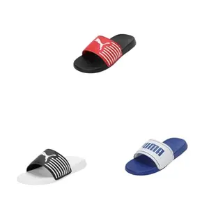 Puma unisex-adult Geo Slide Sandals in Black-Fiery Red, White-Black, and Slide Max Royal Sapphire (Size 7 UK).
