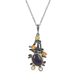 Ravishing Impressions Amethyst, Citrine, Peridot & Blue Topaz 925 Sterling Silver With Black Rhodium, Gold Plated Pendant with Chain