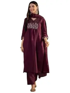 Kaari Women's Embroidered Kurti Set with Dupatta - Straight Fit | Silk Blend with Embroidery | Round Neck with 3/4th Sleeves | Everyday and Festive Kurti Set for Women