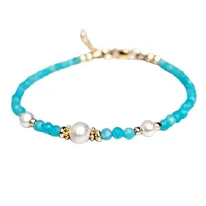 LKBEADS Amazonite & Fresh Water Pearl bracelet with Gold clasp - 3mm Round beads- Smooth Cut -7 Inch Adjustable Bracelet– Healing, Fashion, Gift, Spiritual, Yoga|LK_STACK_06649