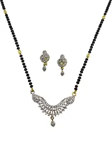 Digital Dress Room Mangalsutra for Women Stylish New Artificial American Diamond Long Modern Mangalsutra Designs With Earrings Gold & Black Beads Chain (30 Inches)