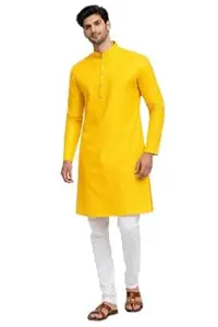 KANTHALOOM Men Cotton Long Kurta with Chinese Collar | Full Sleeves, Regular Fit | Colour: Yellow