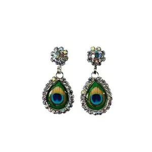 Peacock Feather Design Drop Earrings with Crystal Stones – Colorful Dangle Earrings for Women & Girls