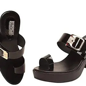 Feel it Leatherite Black Color Block Heel Slippers For Women's & Girl's (530-Black-37)