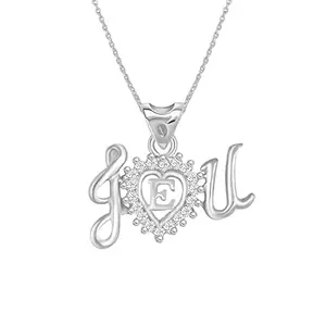 MEENAZ Pendant for Women Girls Wife Girlfriend lovers American Diamond Crystal CZ AD Brass Chain Necklace Pendent Silver Pendant Locket I Love U Heart Initial Name E Letter Alphabet Valentine gift -4