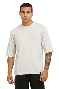 ALMUDA Men's Oversized Round Neck Pure Cotton Solid Drop Shoulder T-Shirts Steel Grey