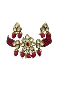 Women Earring & Necklace Set_Gold_BZ_Maharoon-Chocker_101